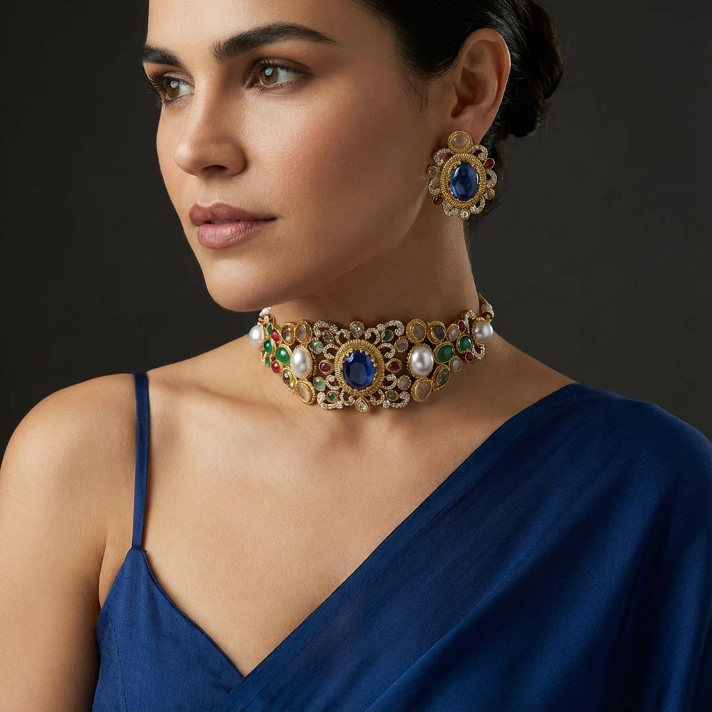 Neelam navratna kundan choker set – front view by Ozel