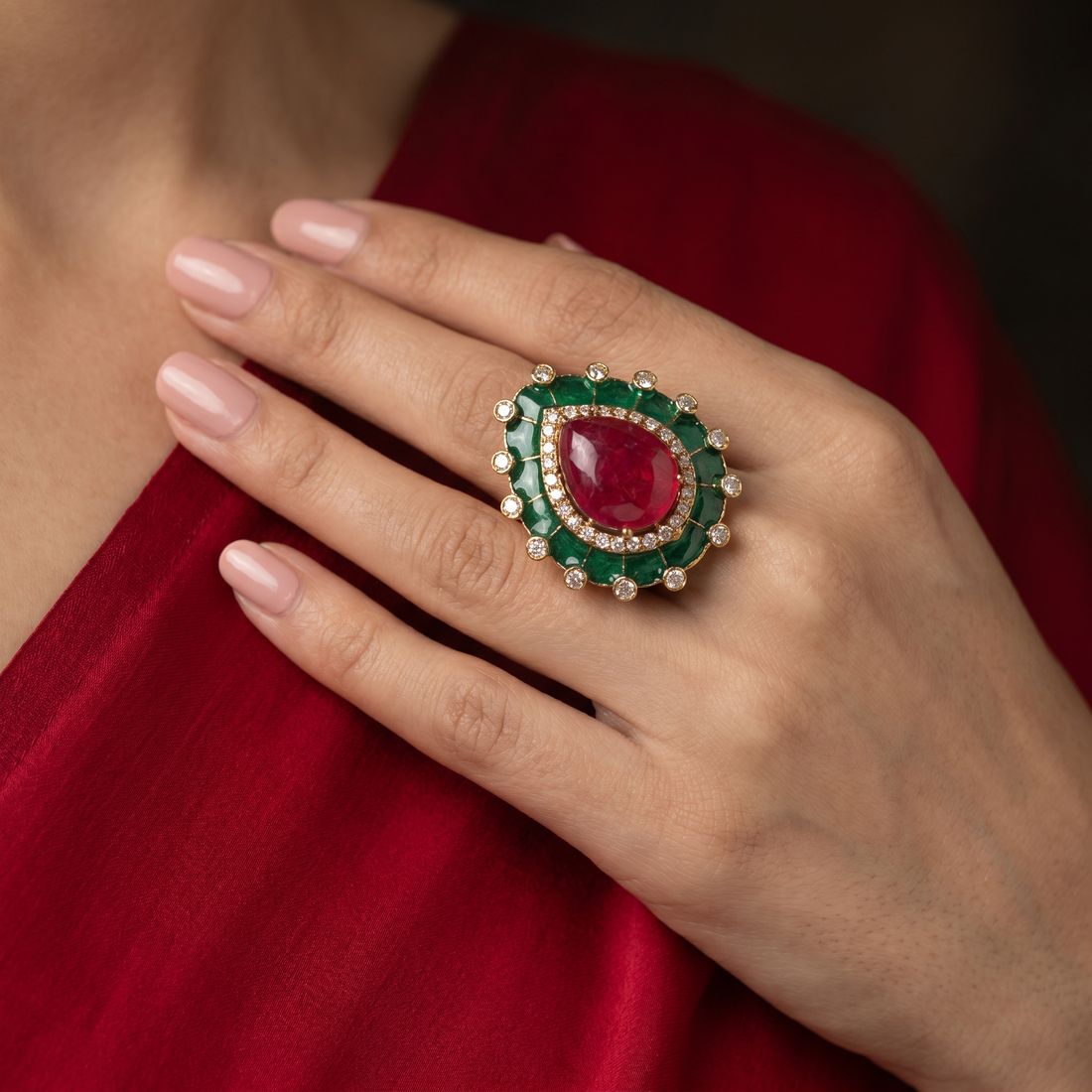 Damini Ruby and Emerald Studs and Ring Set
