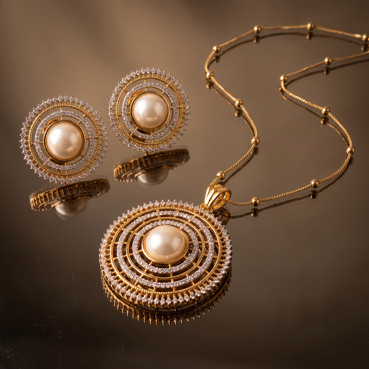 Oviya Pearl Halo Pendant Set