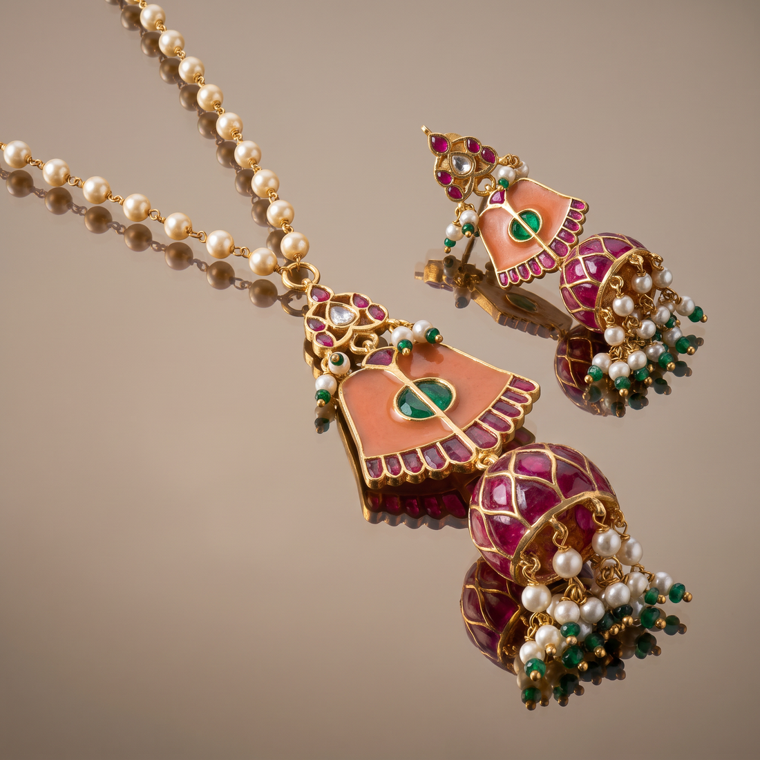 Peach Bell Jhumka Pendant Necklace