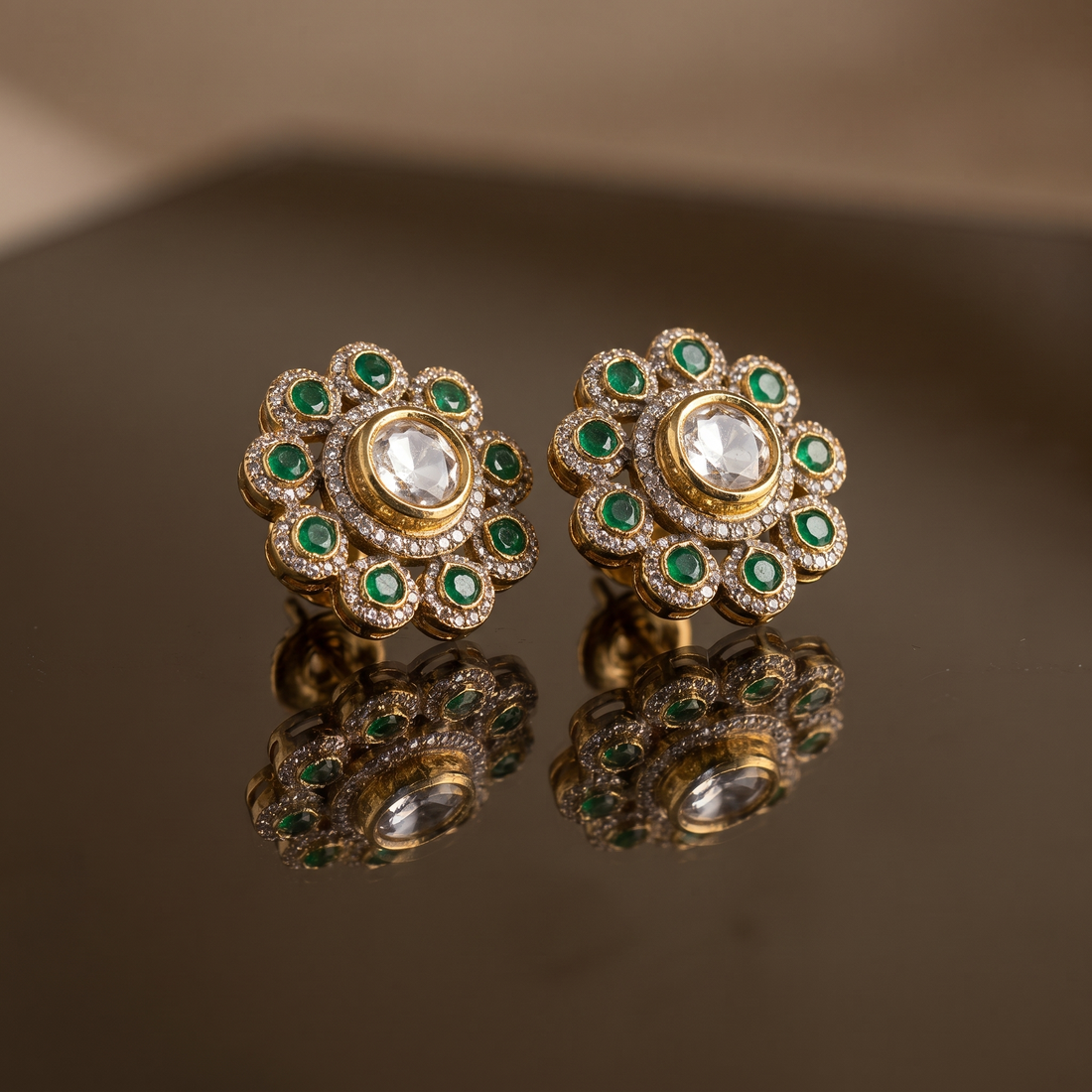 Roshni Kundan Stud Earrings - Emerald green
