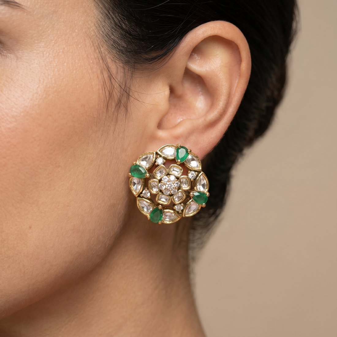 Vyomika emerald bloom stud earrings with kundan petals