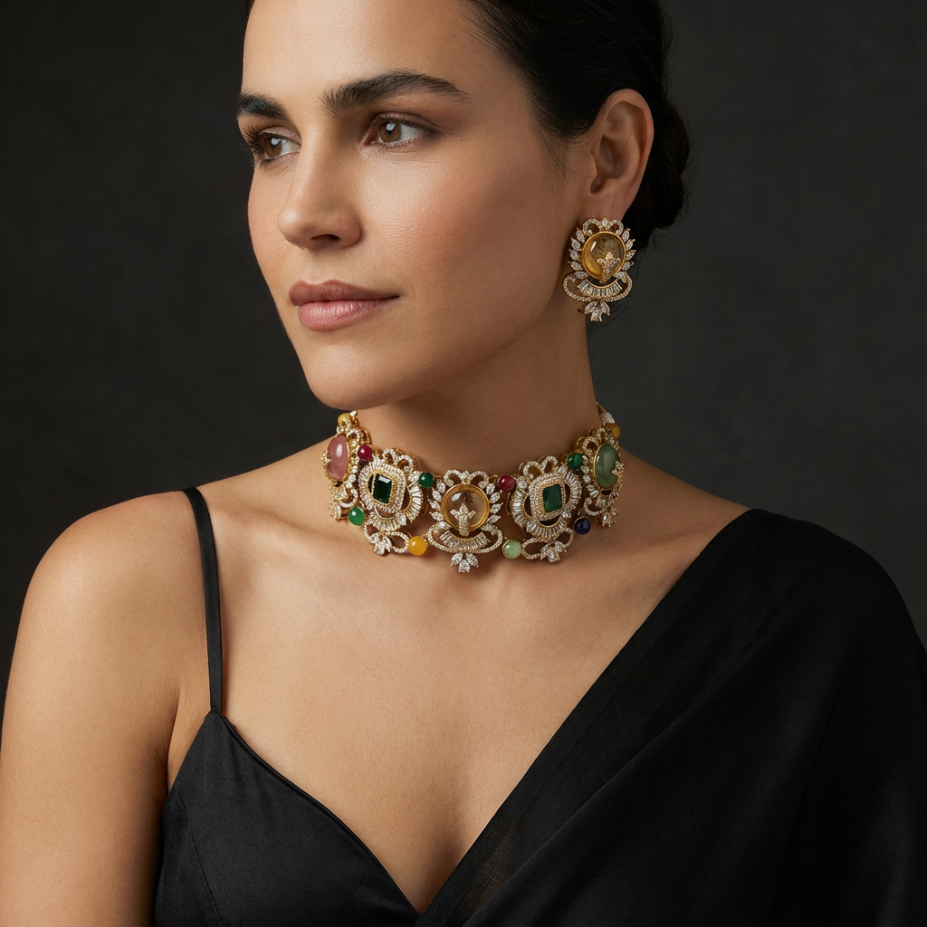 Ziya Navratna kundan choker set with pearl drops — Ozel