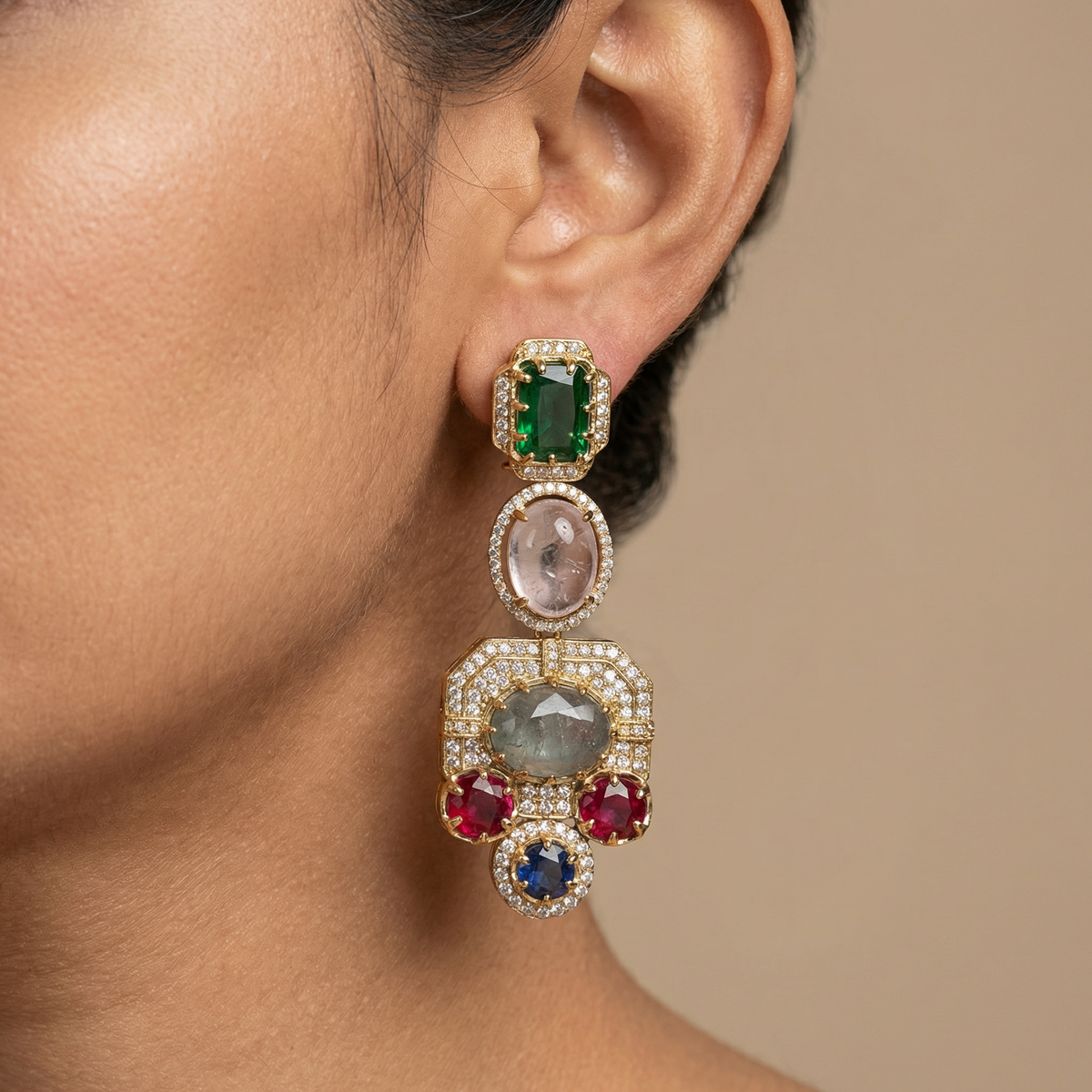 Navratna aura drop earrings with nine-stone composition