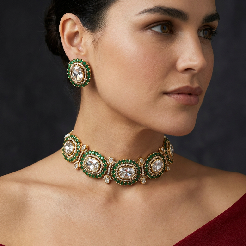 Elowen Emerald Choker Set with rich emerald stones and handcrafted gold collar design by Ozel