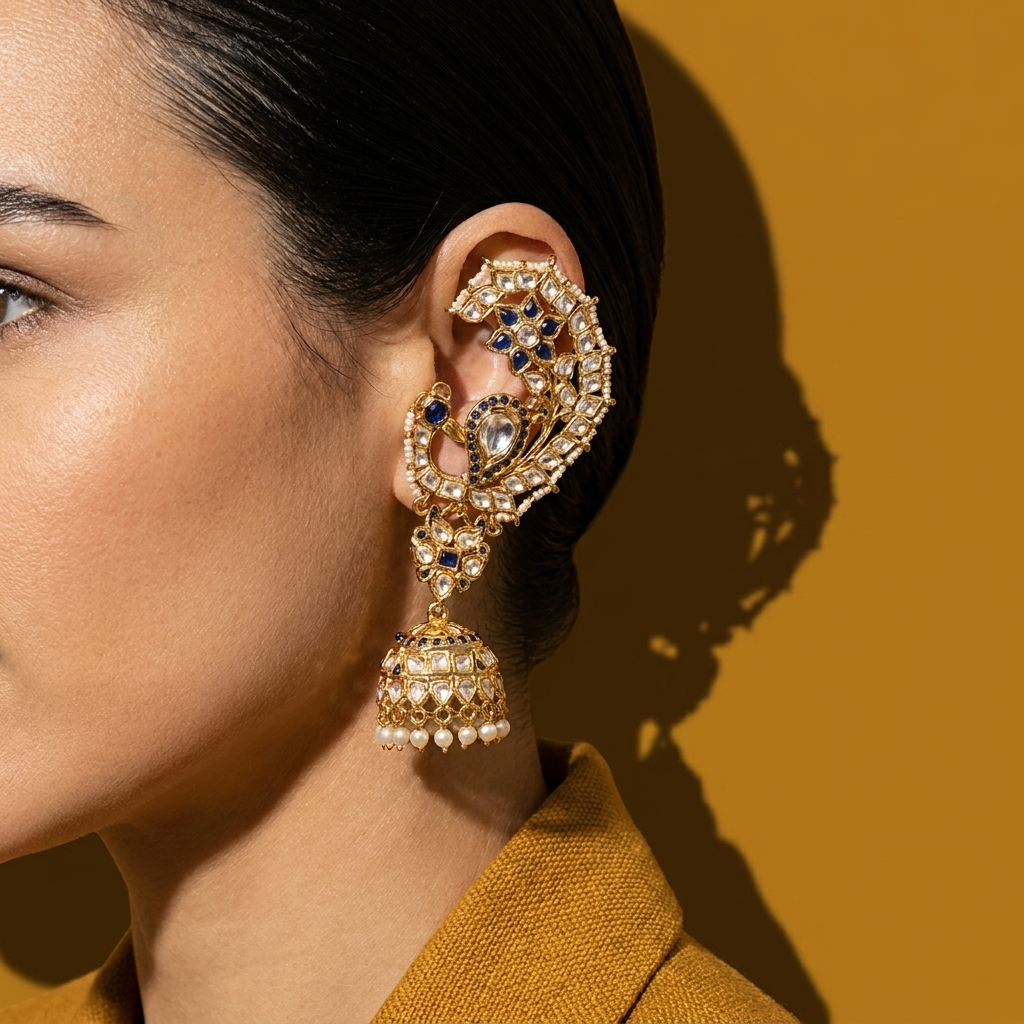 Royal Ear Cuff Kundan Jhumka – Sapphire Edition