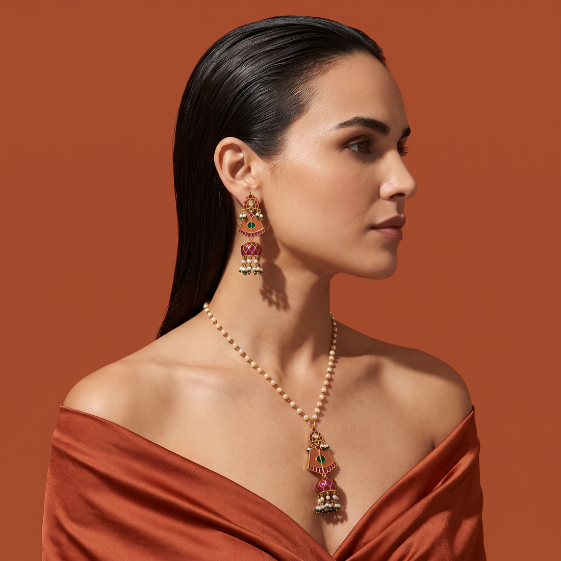 Peach Bell Jhumka Pendant Necklace