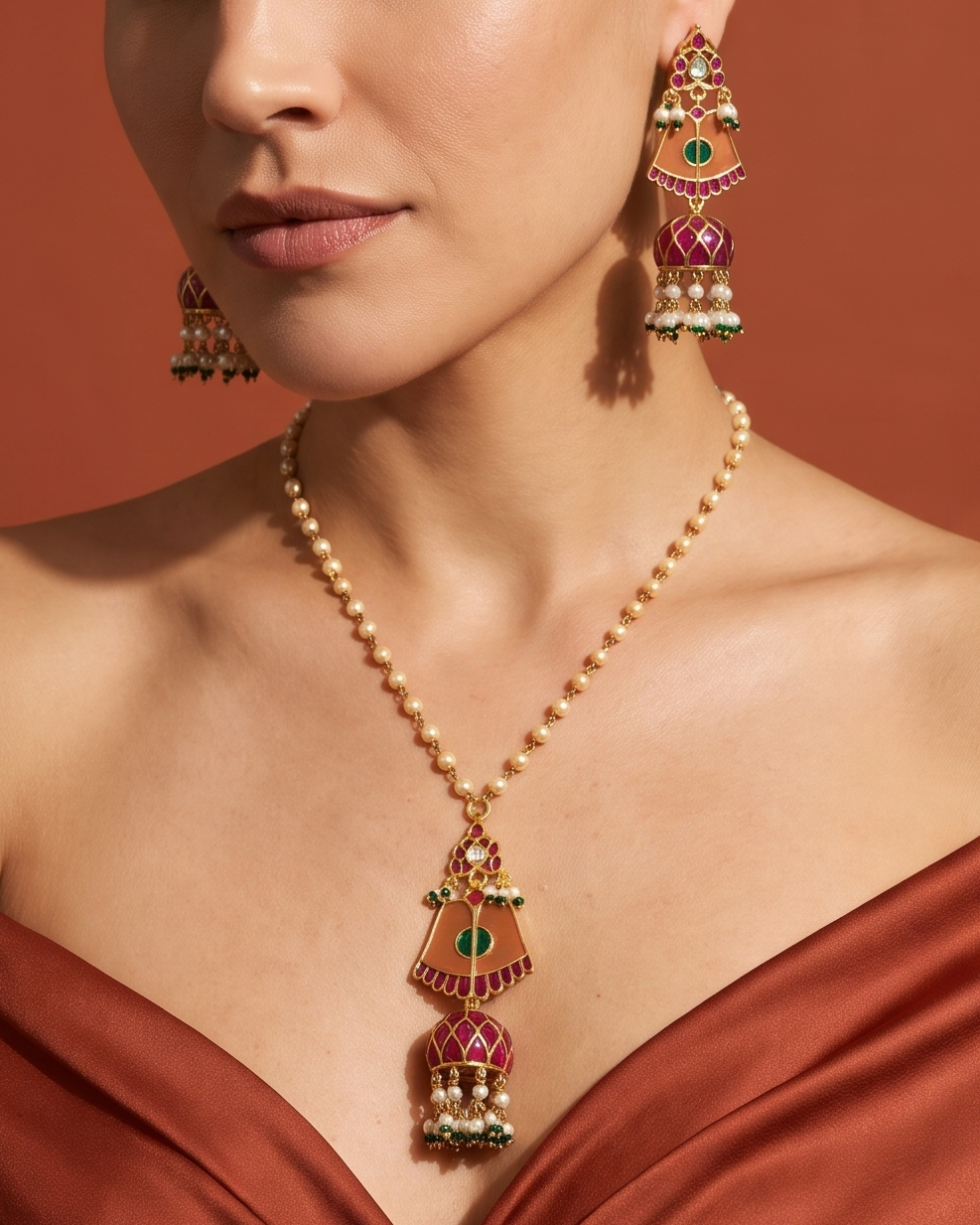 Peach Bell Jhumka Pendant Necklace