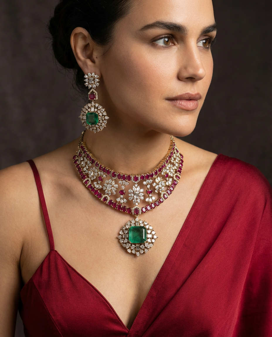 Ruby and emerald floral polki necklace set – handcrafted Indian bridal jewelry by Ozel