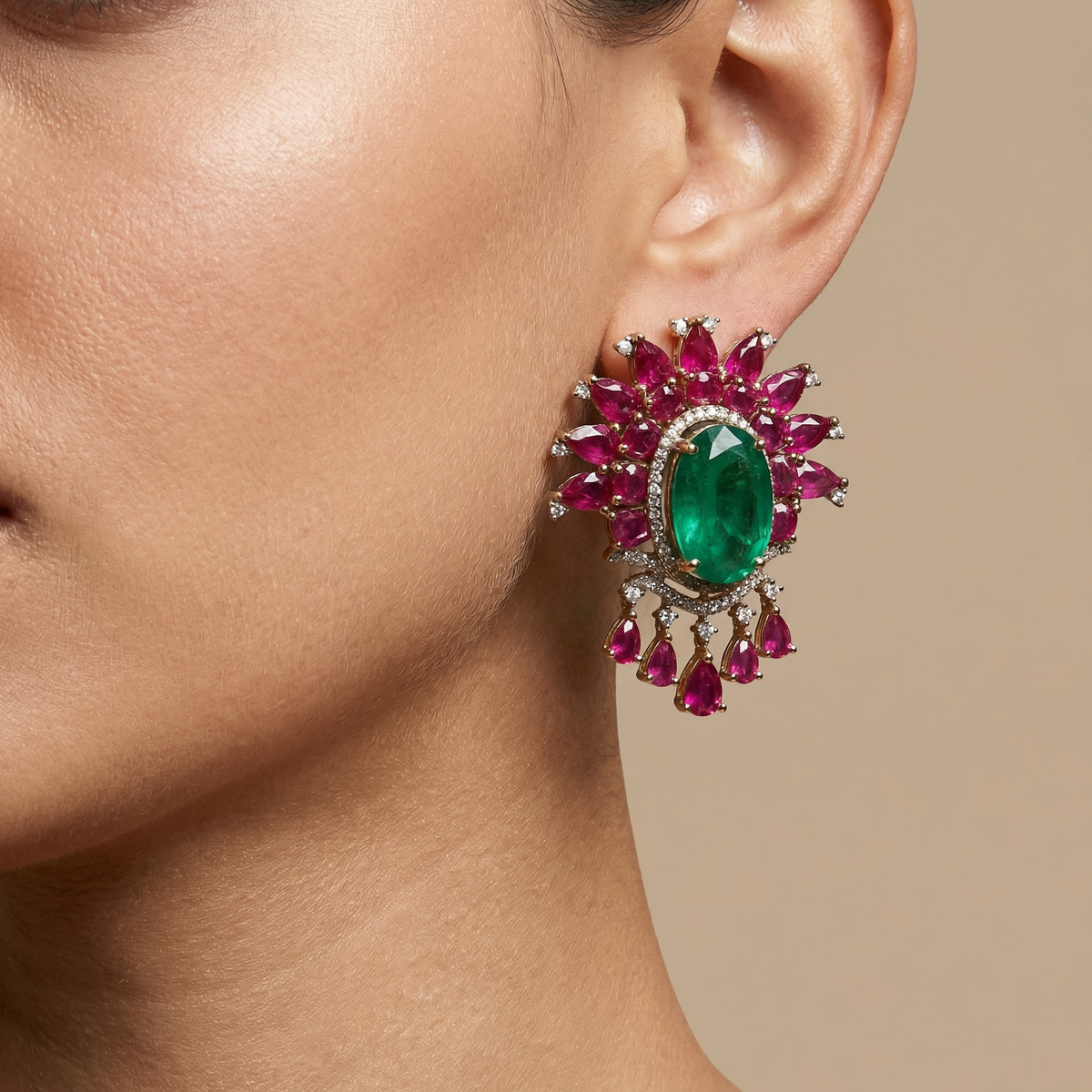 Rivya Emerald Bloom Earrings with vivid emerald stones and intricate floral gold setting by Ozel