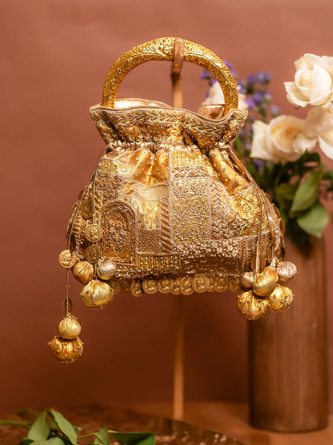 Abha hasli beige gota appliqué potli bag with ball tassels — Ozel