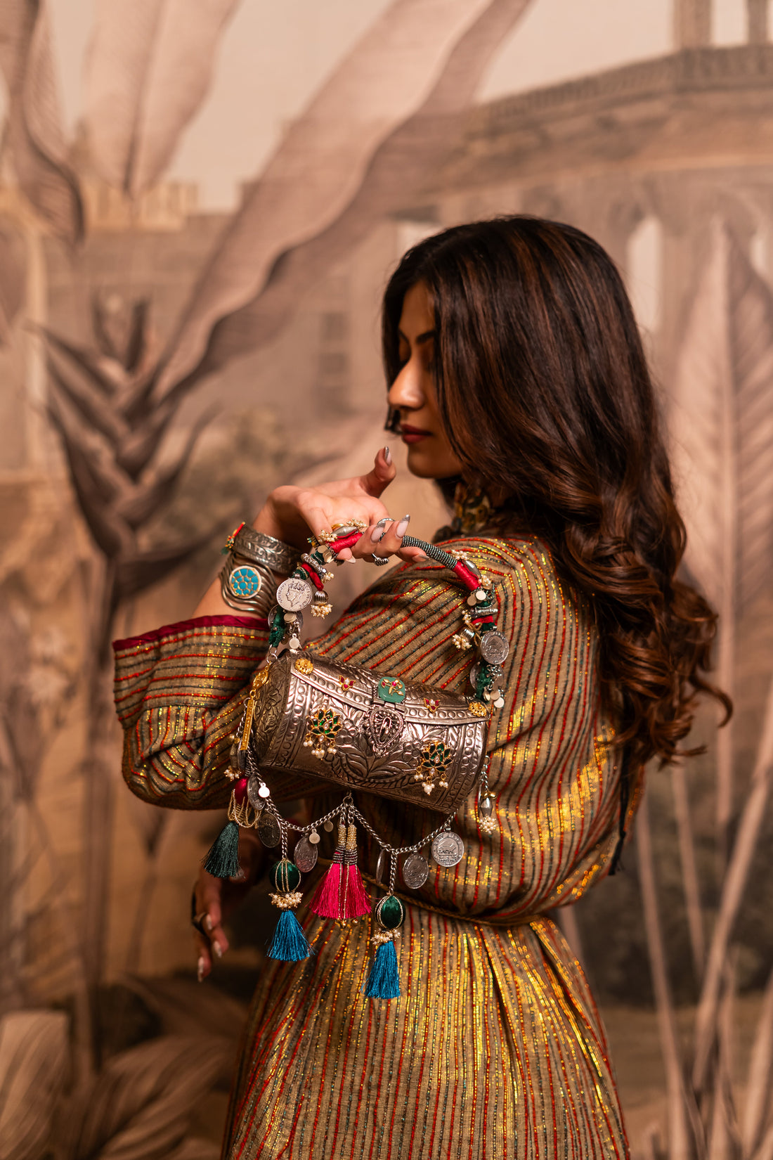 Tara silver tribal handbag interior detail — Ozel