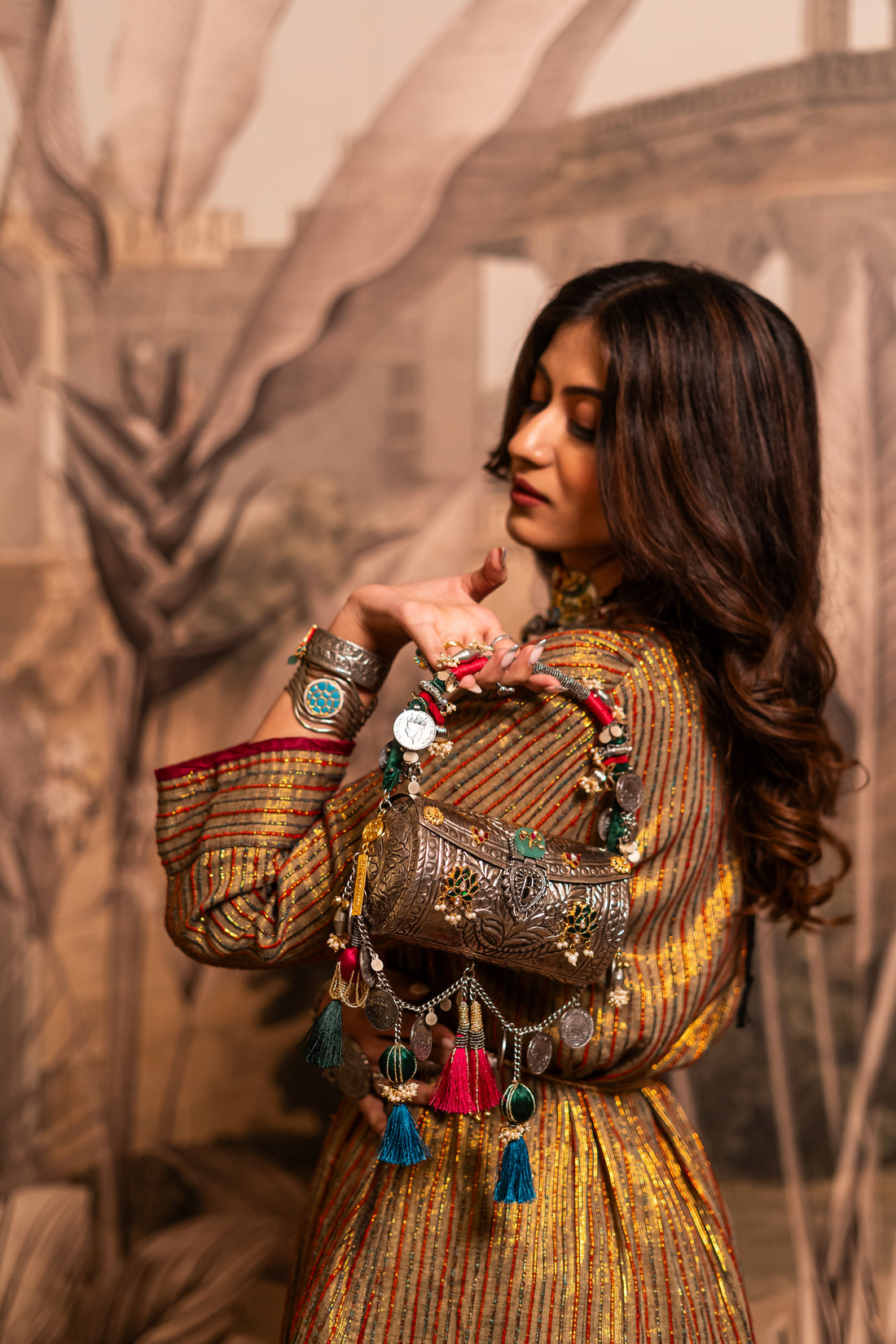 Tara tribal handbag styled with festive ensemble — Ozel