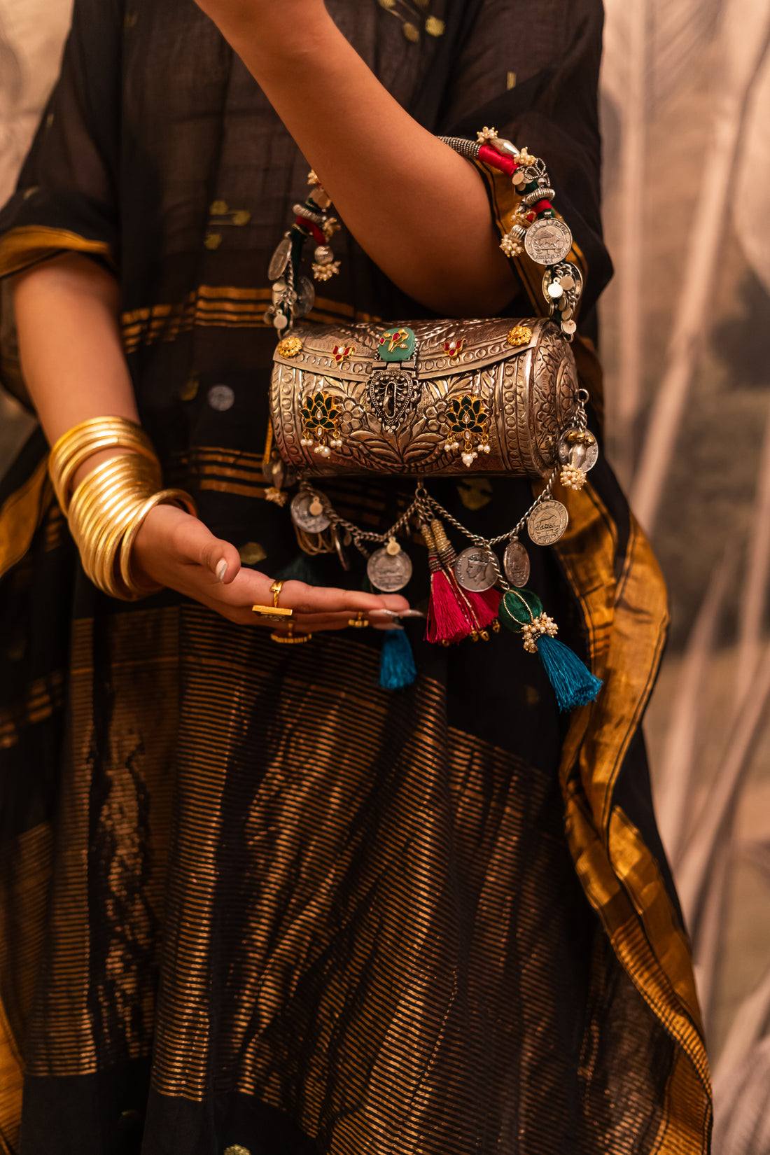 Detail of Tara handbag kundan and coin embellishments — Ozel