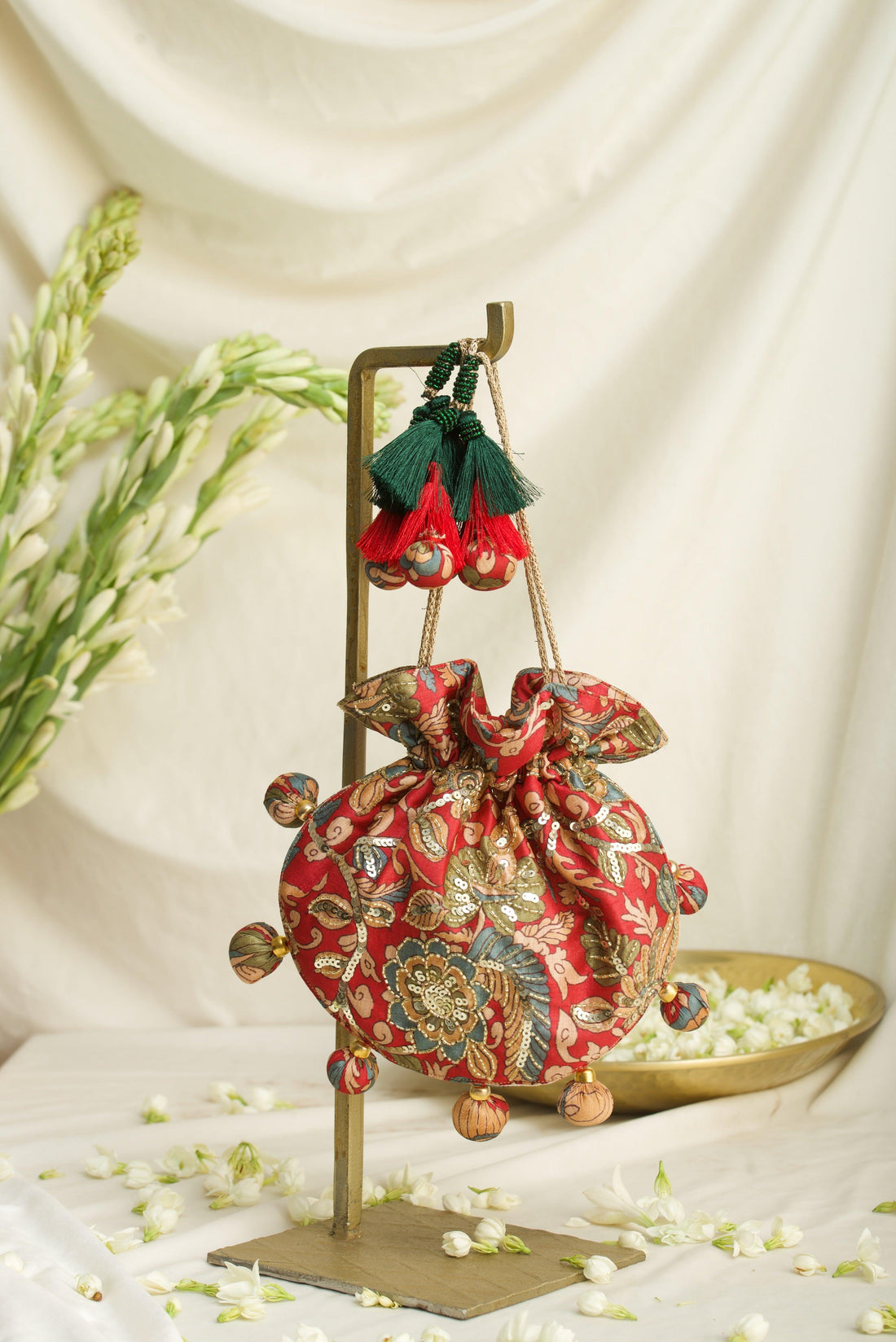 Kalamkari print U Shape embroidered potli bag - Ozel
