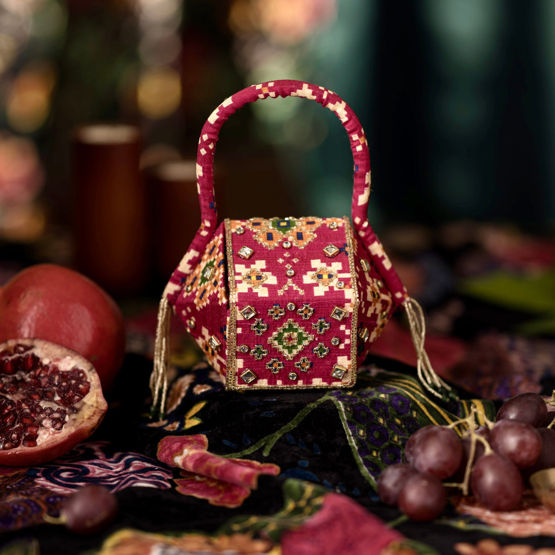 Patola print raw silk nano bag with embroidered handle — Ozel