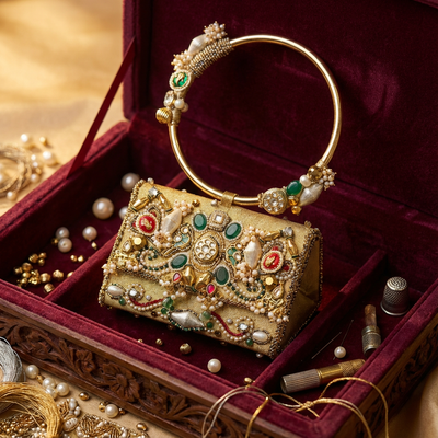 Imperial Blossom mini bag with gold zardozi, pearls and kundan stones — heritage clutch by Ozel