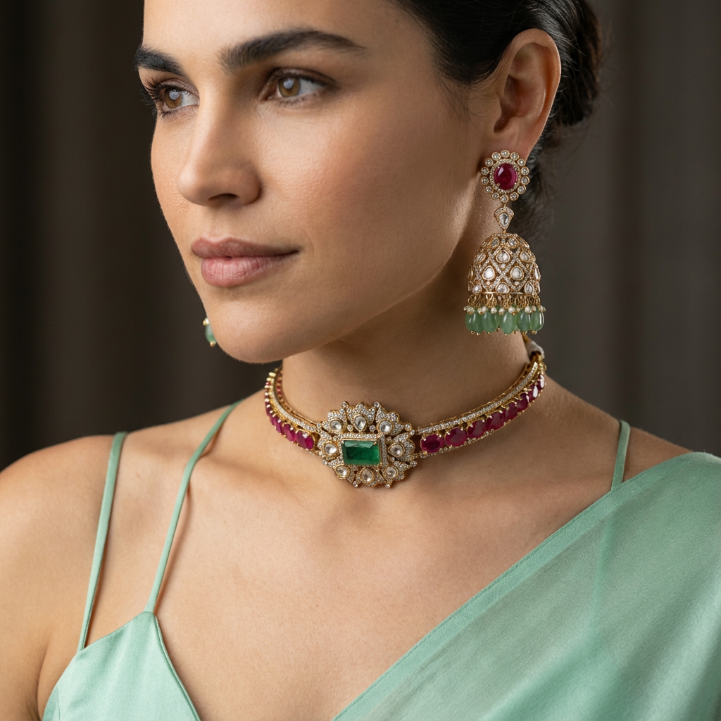 Zarina emerald and ruby kundan choker and jhumka bridal set — Ozel