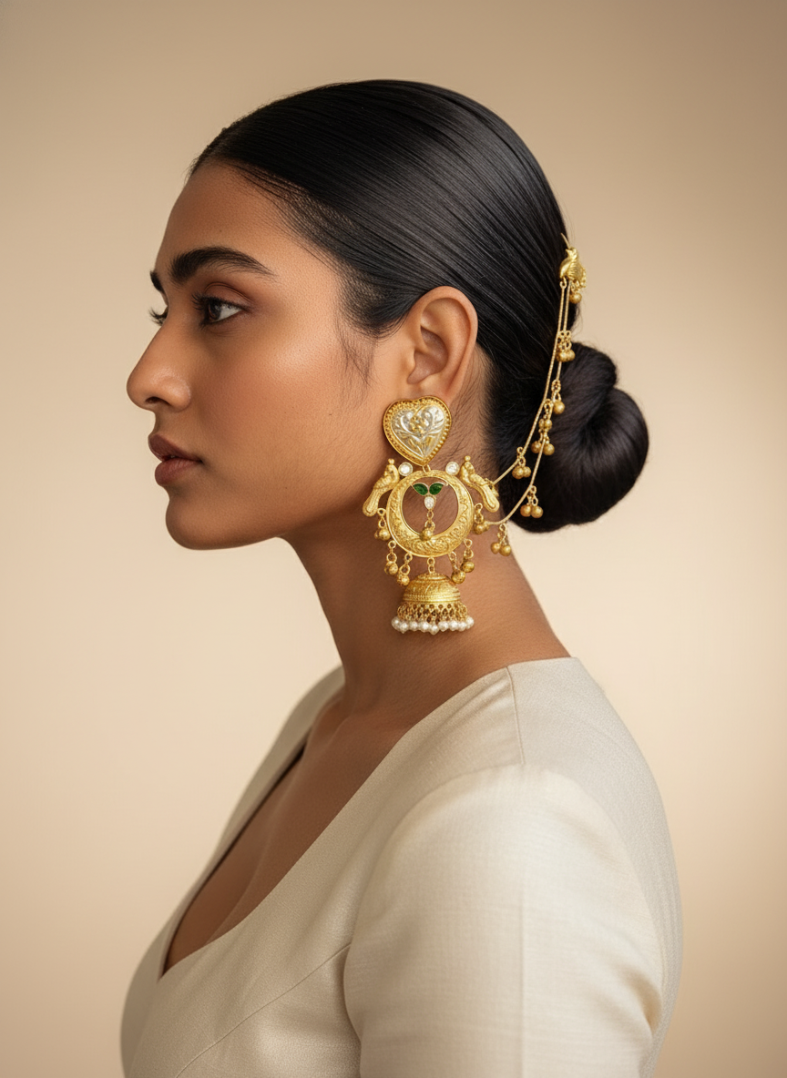Heritage temple jhumka with hair chain – traditional Indian bridal jewelry by Ozel