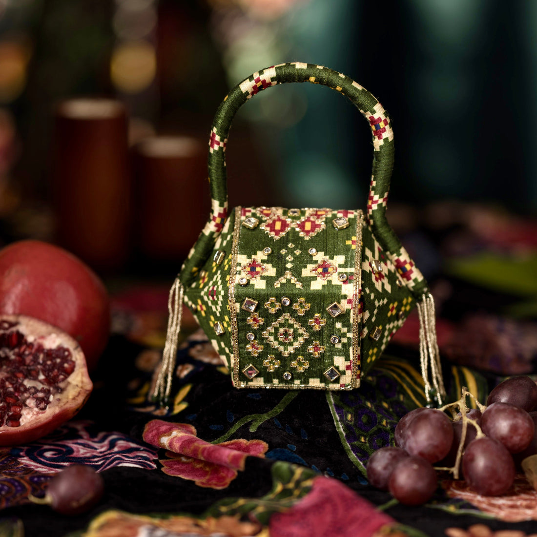 Patola nano raw silk bag styled with festive look — Ozel