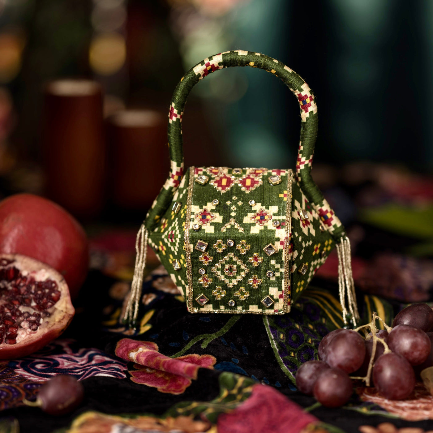 Patola nano raw silk bag styled with festive look — Ozel