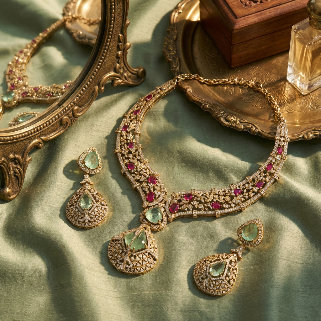 Noor-e-Gulbahar mint green necklace set – worn on neck by Ozel