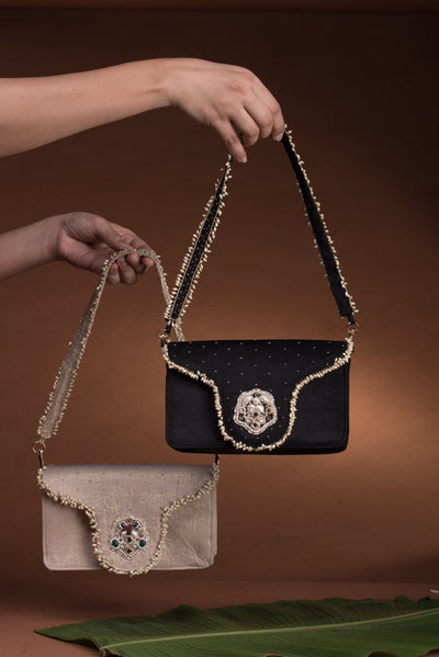 Jadau flap bag – handcrafted Indian embroidery accessory by Ozel