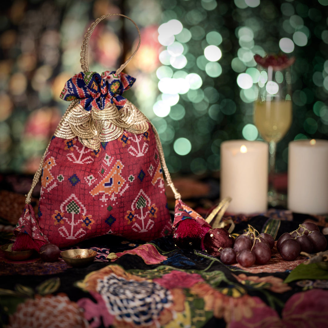 Set of Patola print potli bags grouped — Ozel