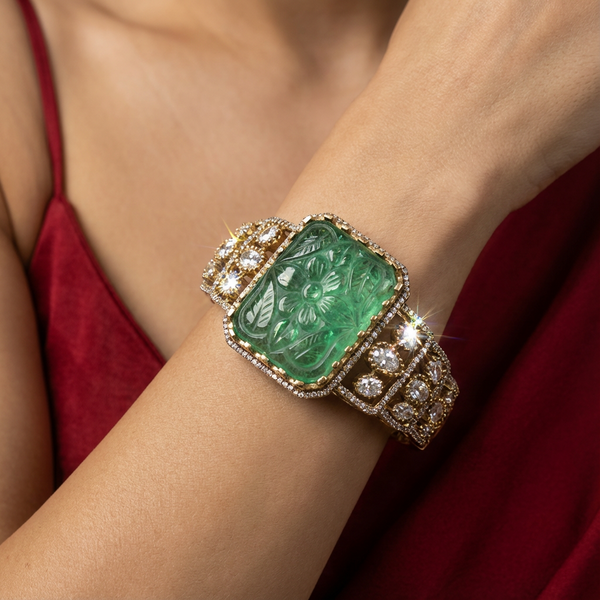 Ruhani carved statement cuff bracelet in oxidised gold — heritage craft jewellery by Ozel