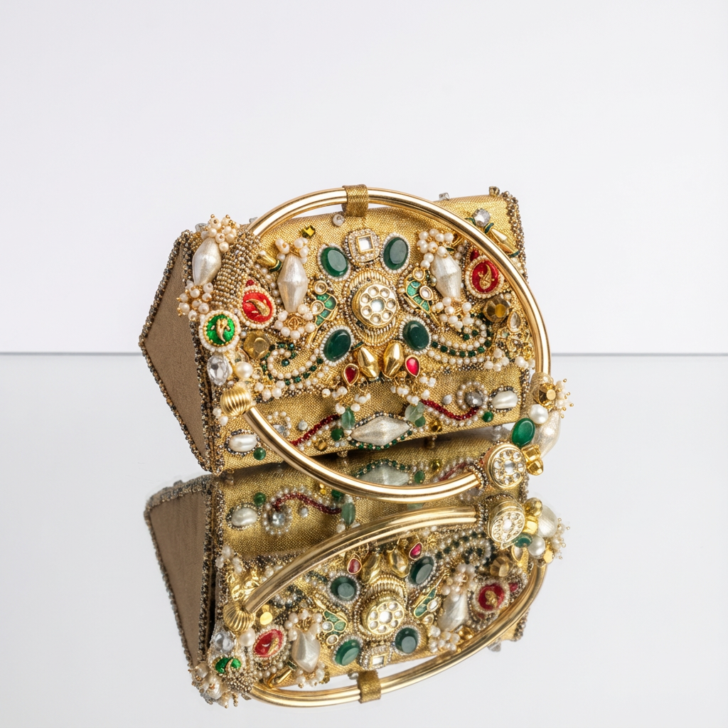 Handcrafted gold zardozi mini bag with pearls, kundan stones and emerald cabochons — Ozel