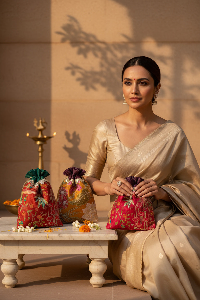 Set of Anvika gota-embroidered potli bags – Ozel