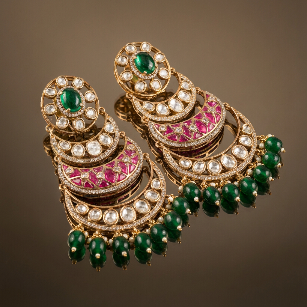 Rajasi tiered chandbali earrings – handcrafted Indian chandbali by Ozel