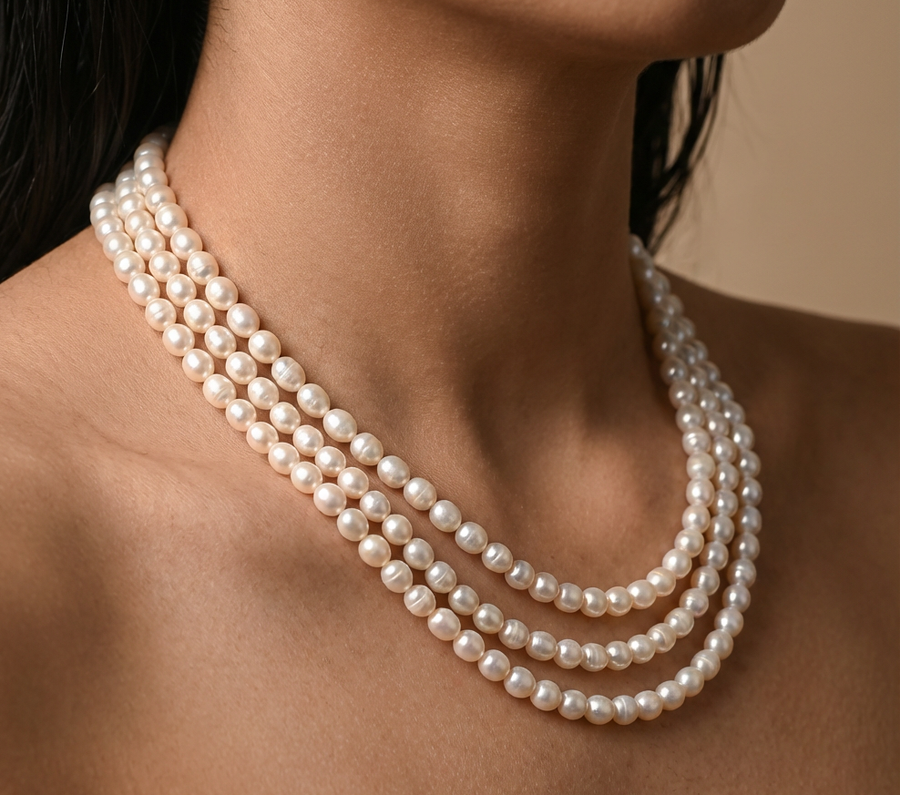Freshwater pearl three-layer necklace ivory – layered pearl detail by Ozel
