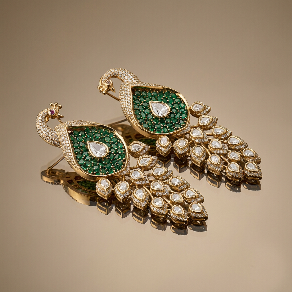 Peacock cascade drop earrings – full pair view by Ozel