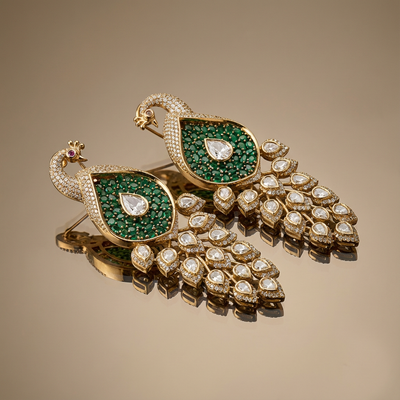 Peacock cascade drop earrings – full pair view by Ozel