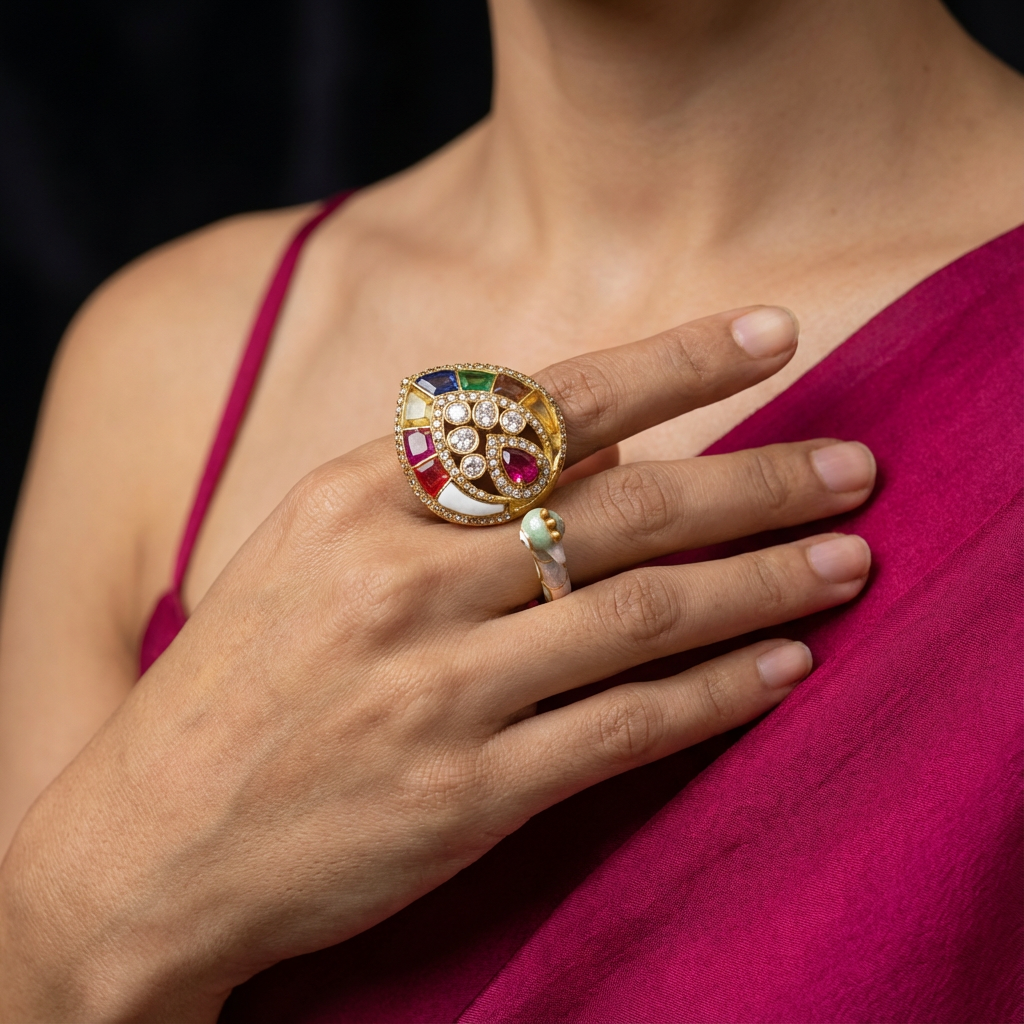 Morni enamel ring – enamel detail of peacock motif by Ozel
