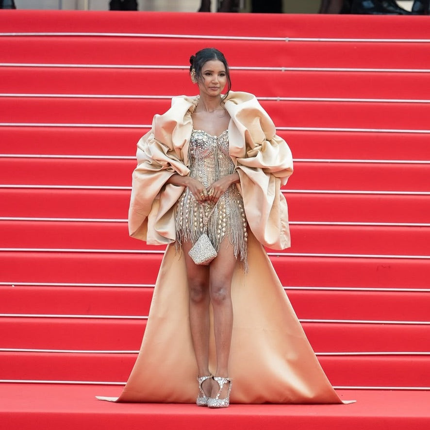 Nancy Tyagi with Gold Silver Pyramid Bag