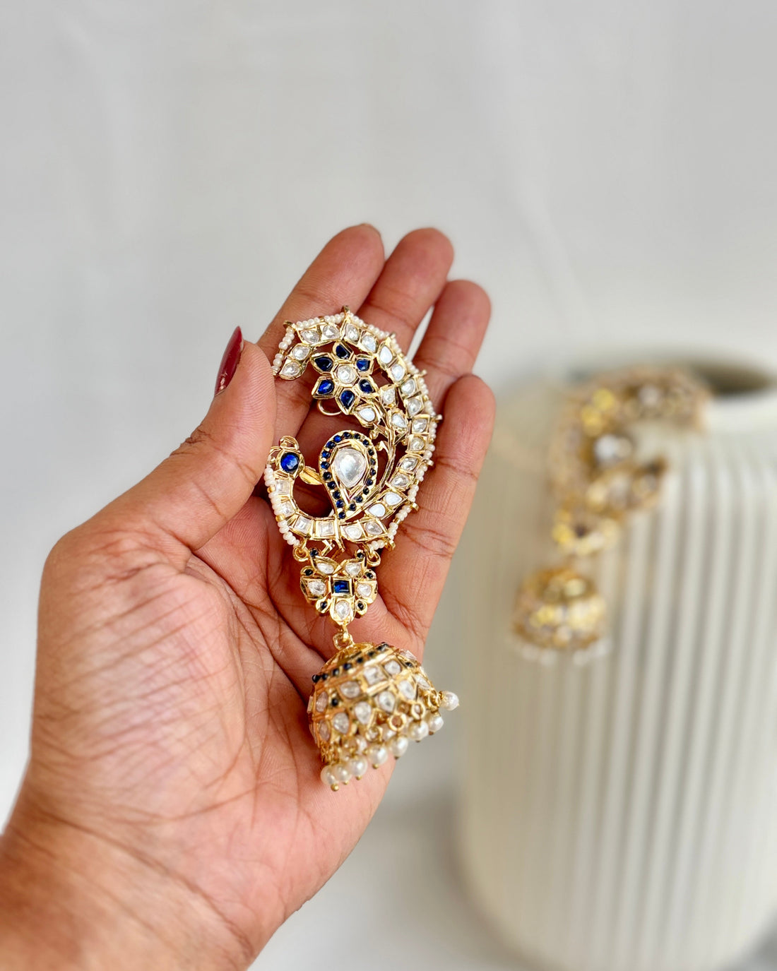 Royal ear cuff kundan jhumka sapphire – traditional Indian bridal jewelry by Ozel