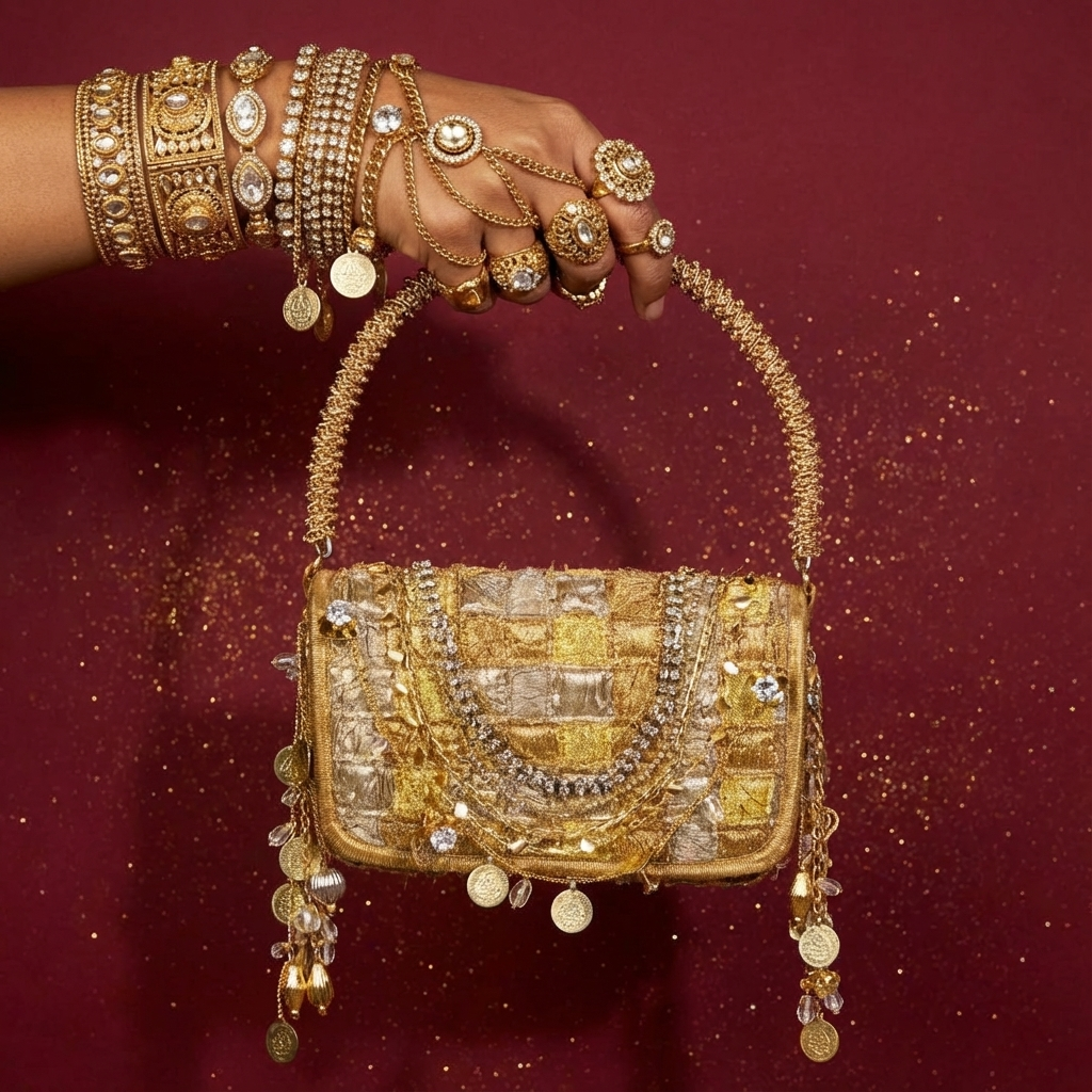 Side view of Deo Luxe woven flap bag with ornate handle — Ozel