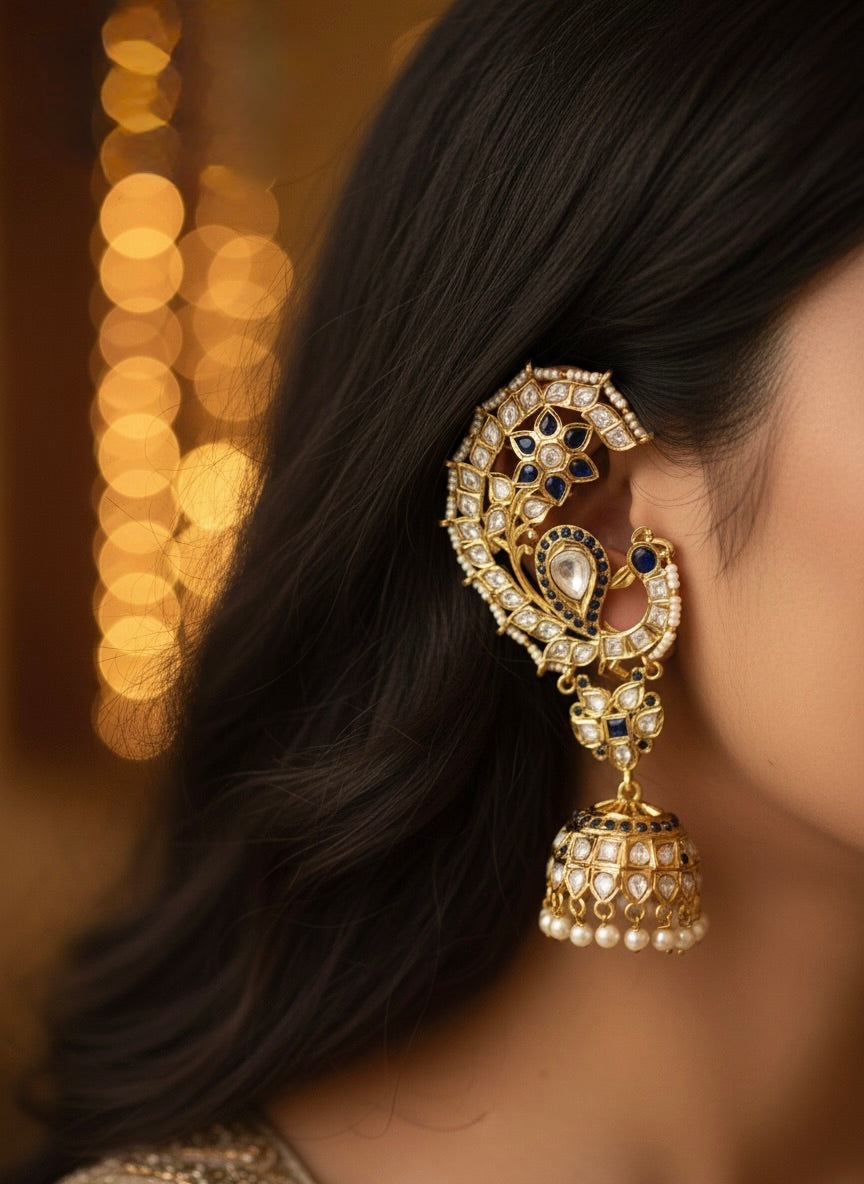 Royal ear cuff kundan jhumka sapphire – traditional Indian bridal jewelry by Ozel