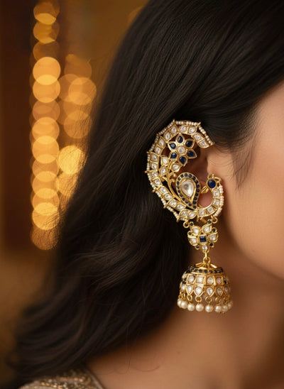 Royal ear cuff kundan jhumka sapphire – traditional Indian bridal jewelry by Ozel