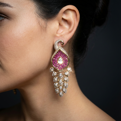 Peacock Cascade Drop Earrings with intricate peacock motif and vibrant stone goldwork by Ozel
