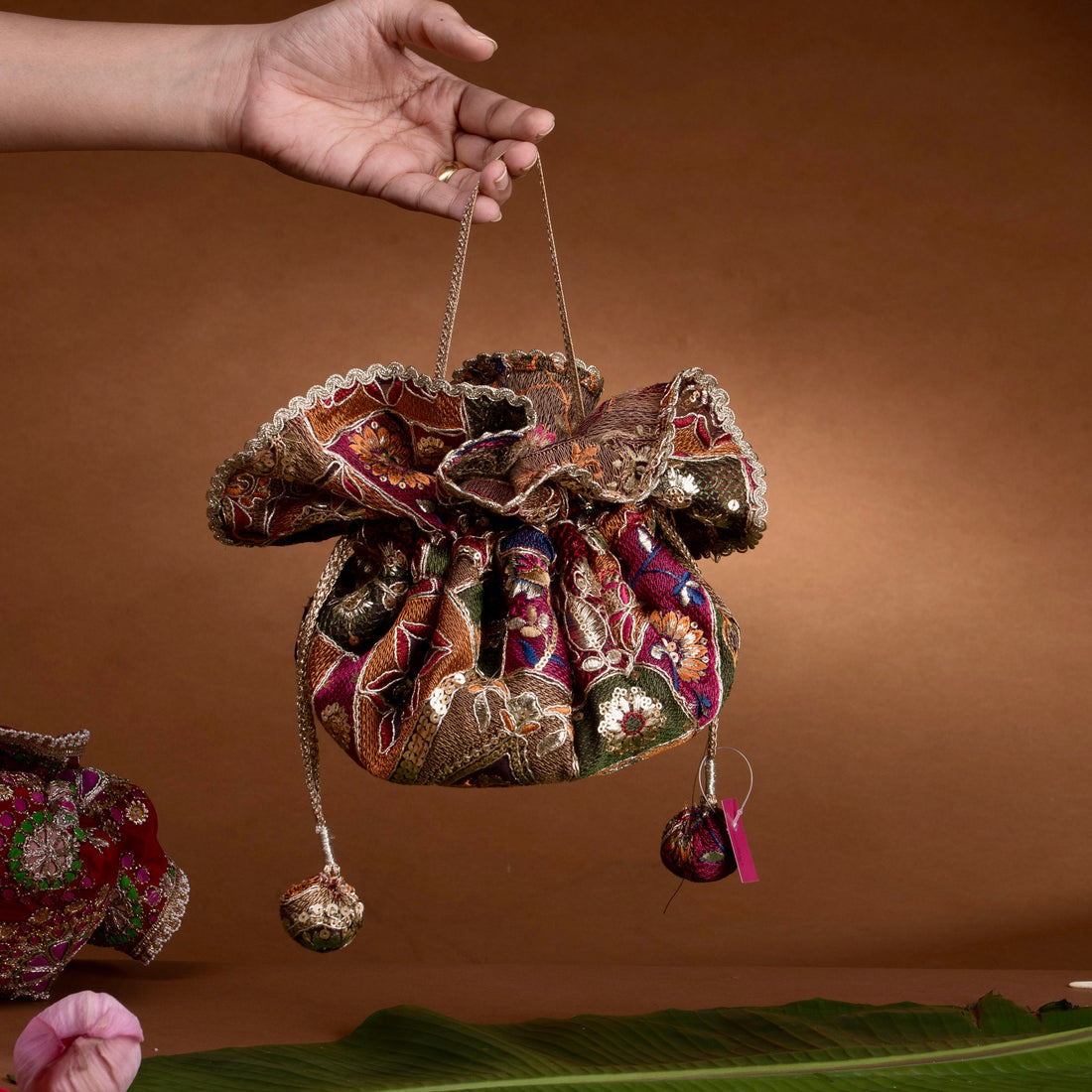 Gol potli bag multicolor Rangeeli – vibrant Indian bridal accessory by Ozel