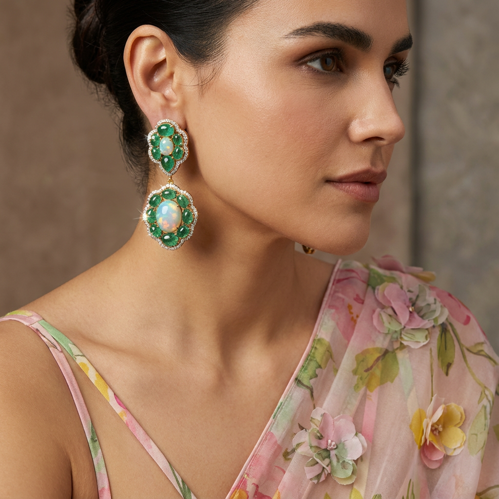 Emerald opal drop earrings – handcrafted Indian drop earrings by Ozel