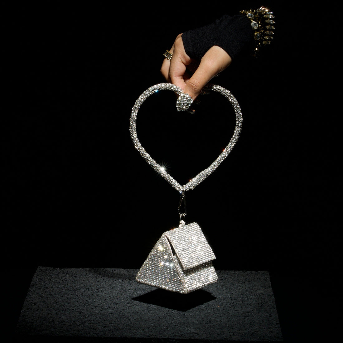 Nano charm bag with faceted crystal handle and embroidered body — Ozel