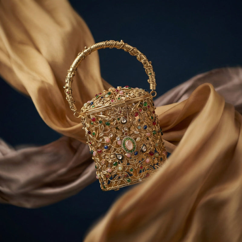 Top handle of The Ozel sculptural brass bucket bag — Ozel