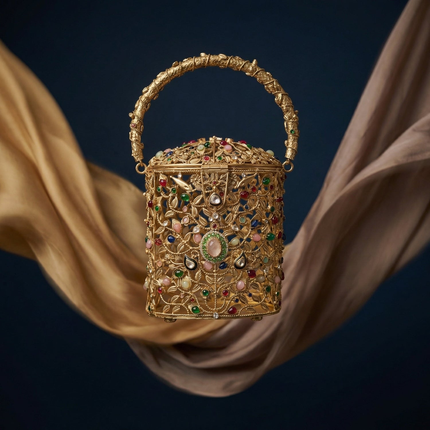 The Ozel solid brass gold-plated filigree bucket bag with hand-set gemstones — Ozel