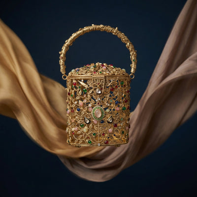 The Ozel solid brass gold-plated filigree bucket bag with hand-set gemstones — Ozel