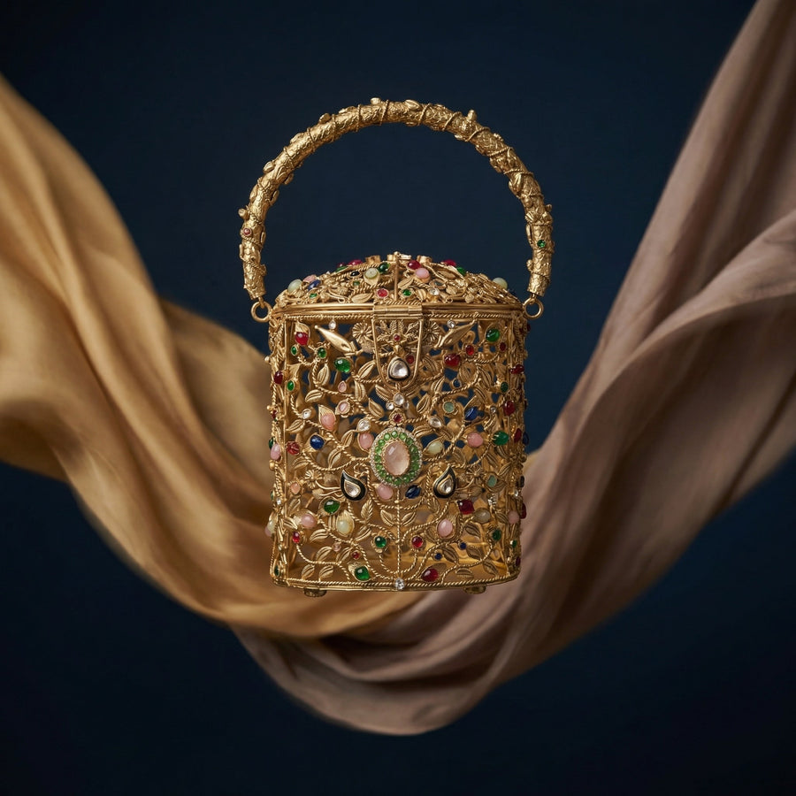The Ozel solid brass gold-plated filigree bucket bag with hand-set gemstones — Ozel