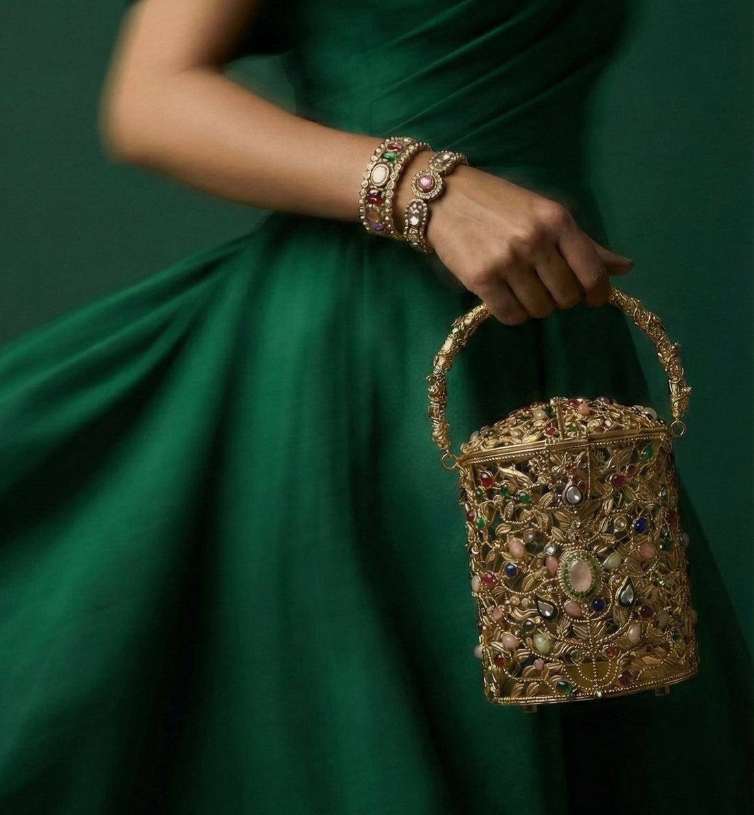 Back view of The Ozel brass filigree bucket bag — Ozel